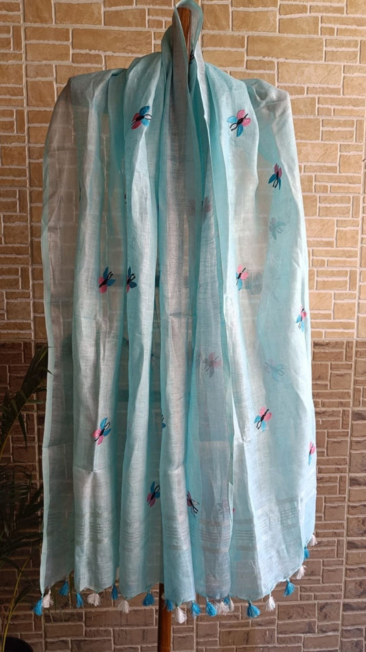 Pure Linen Dupatta Hand Embroidered Blue With Tassel