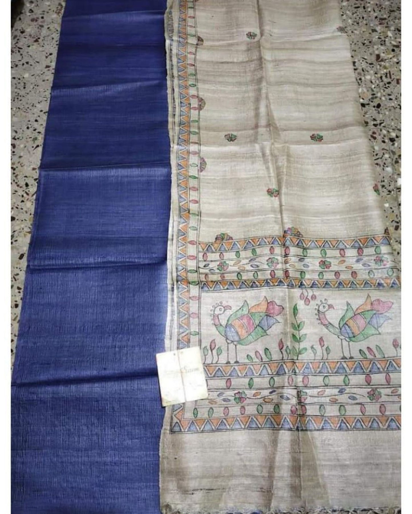 Silkmark Tussar Beige Madhubani Luminous Dupatta & Blue Top