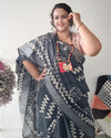 Elegant Slub Linen Batik Print Saree Gray
