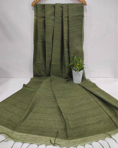 3619-Bansbara Tussar Silk Handloom Green Plain Saree with Running Blouse
