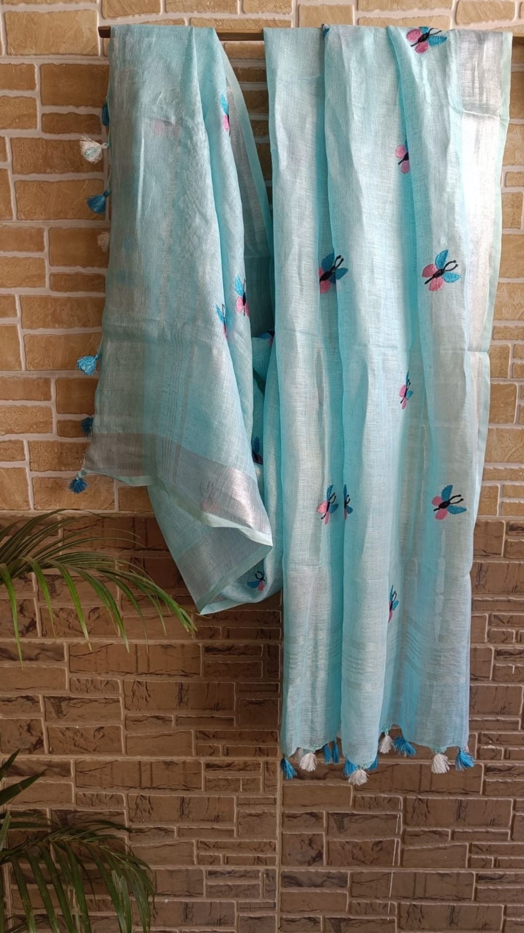 Pure Linen Dupatta Hand Embroidered Blue With Tassel