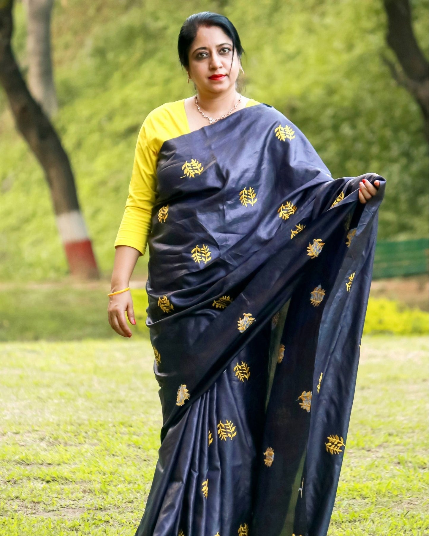 1250-Silkmark Certified Pure Tussar Silk Embroidered Black Saree with Embroidery Color Blouse (Tussar by Tussar)