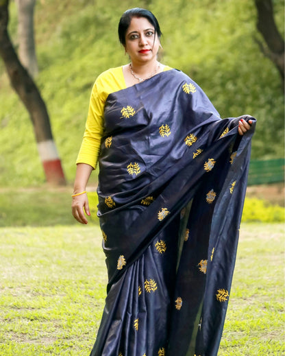 1250-Silkmark Certified Pure Tussar Silk Embroidered Black Saree with Embroidery Color Blouse (Tussar by Tussar)