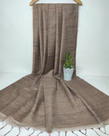 5977-Bansbara Tussar Silk Handloom Brown Plain Saree with Running Blouse
