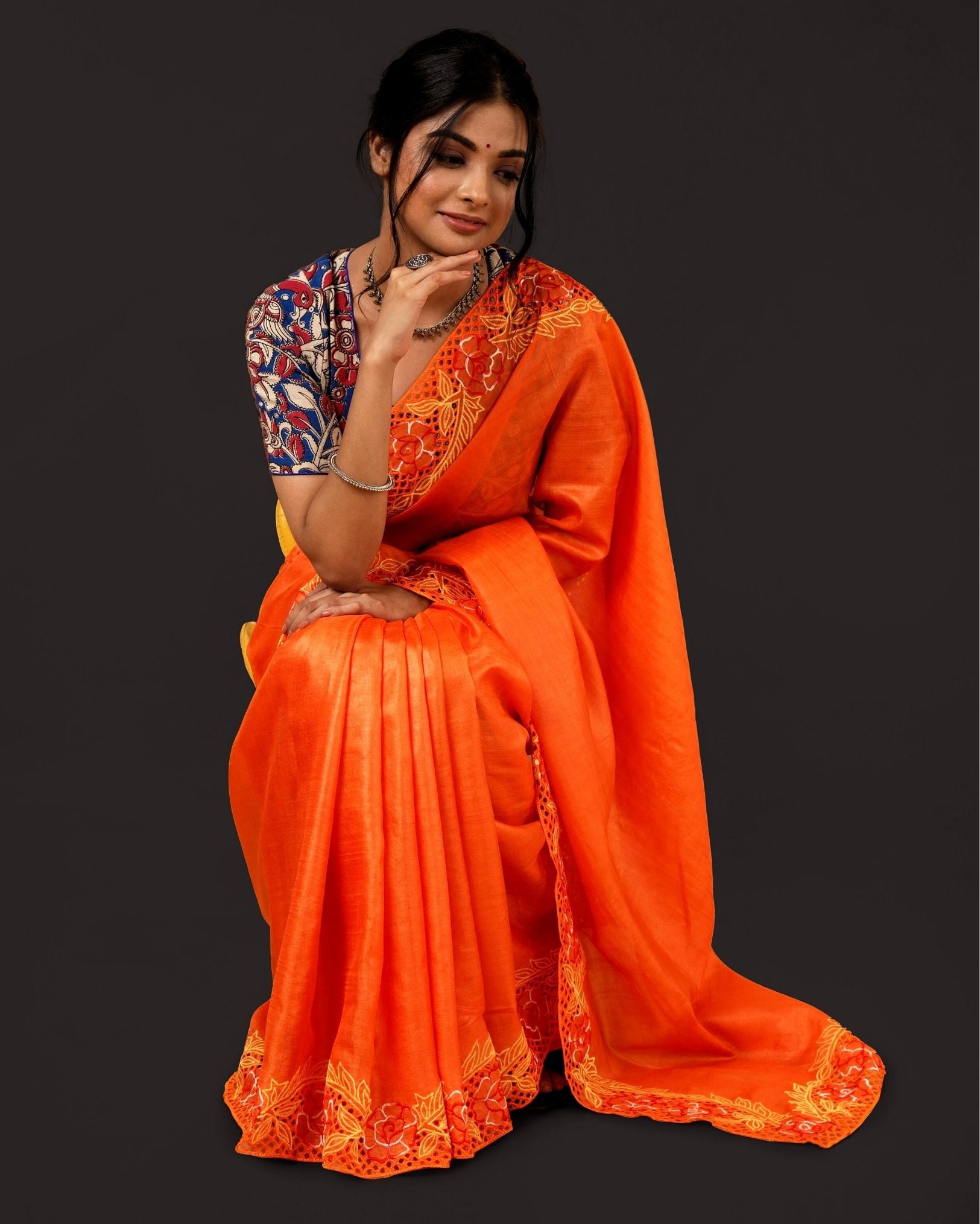 Silkmark Certifiied Pure Tussar Hand Cutwork Saree Orange Colour  (Tussar by Tussar Fabric)-Indiehaat