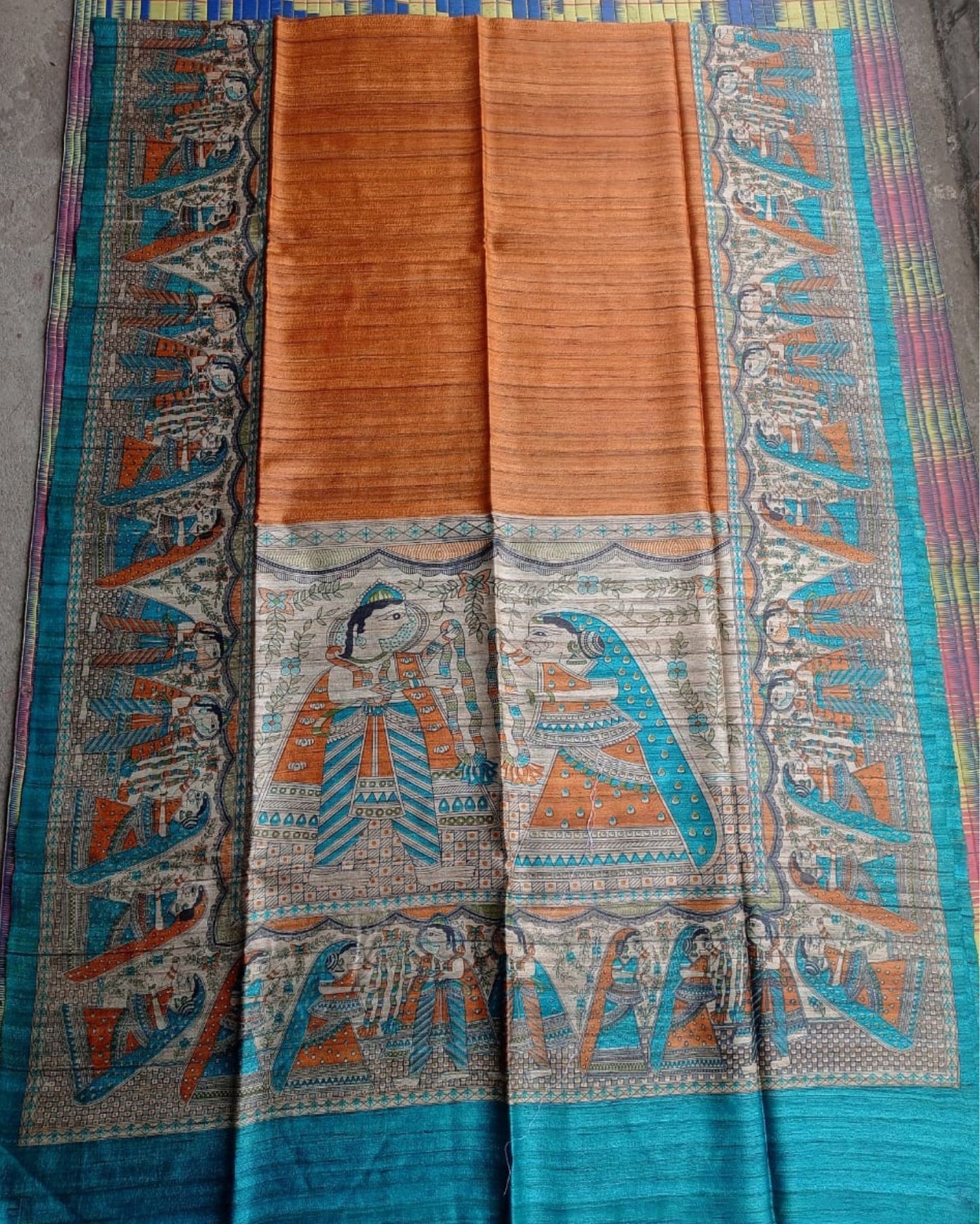 5897-Silkmark Certified Tussar Silk Handloom Handblock Printed Orange Saree with Blouse