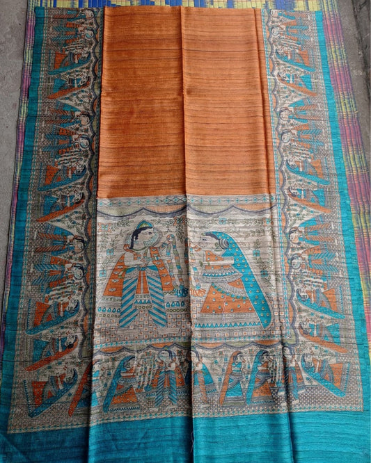 Silkmark Tussar Textured Madhubani Orange & Blue Saree