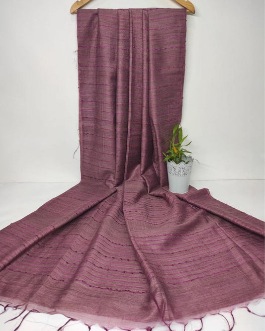 9437-Bansbara Tussar Silk Handloom Purple Plain Saree with Running Blouse