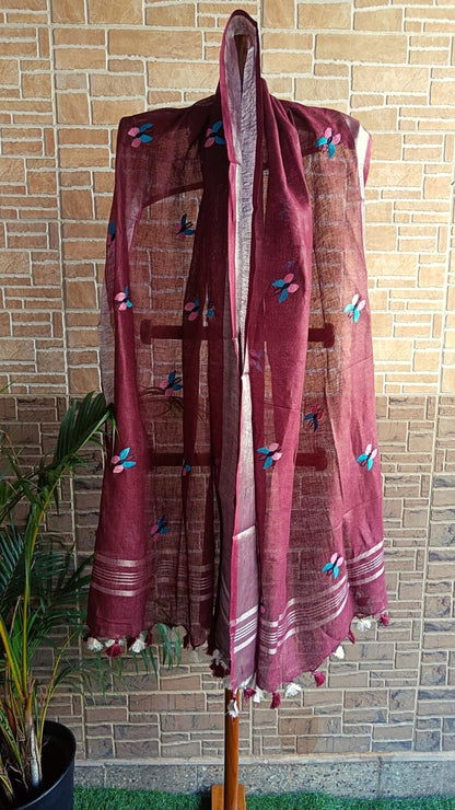Pure Linen Dupatta Hand Embroidered Wine Red With Tassel