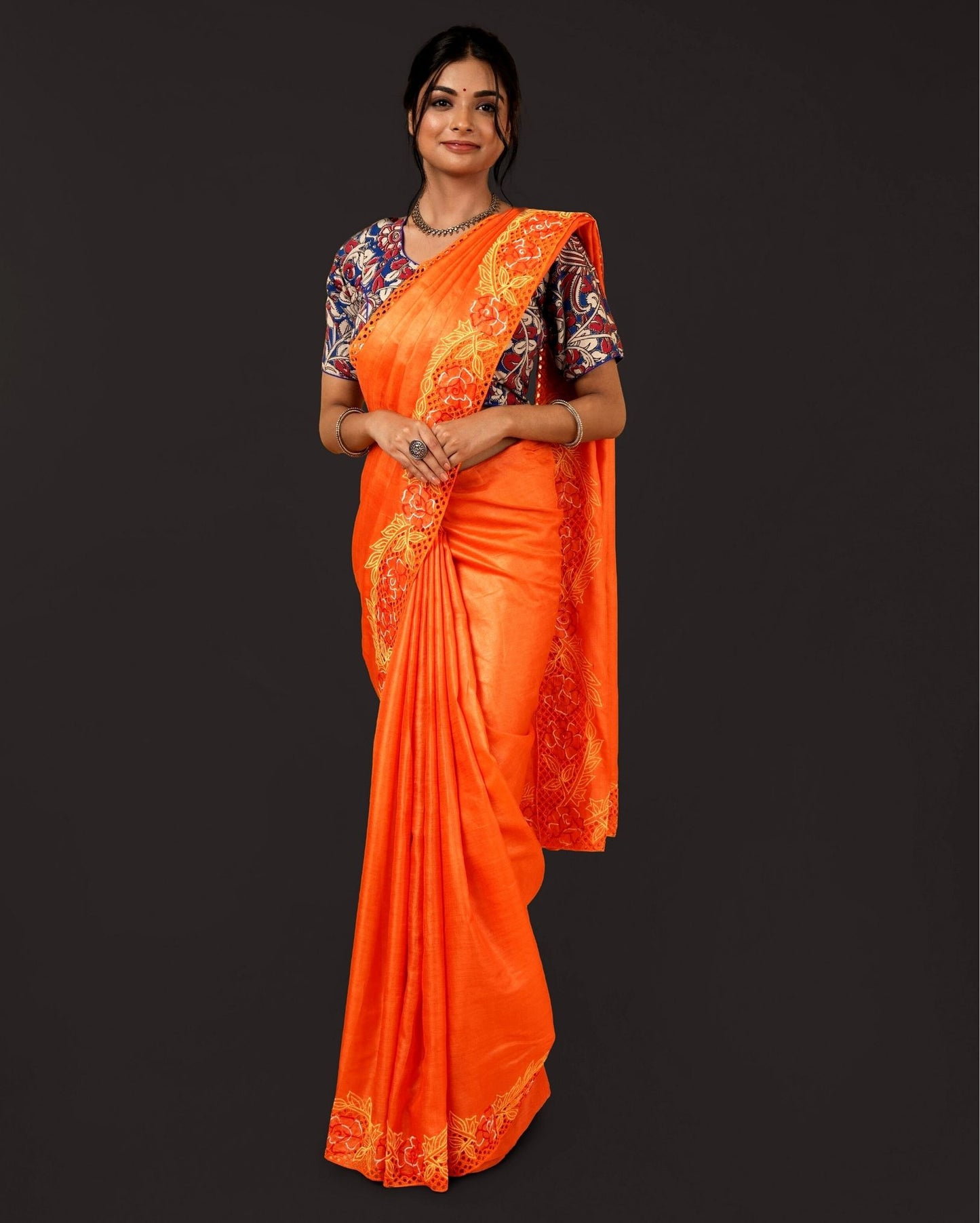 Silkmark Certifiied Pure Tussar Hand Cutwork Saree Orange Colour  (Tussar by Tussar Fabric)-Indiehaat