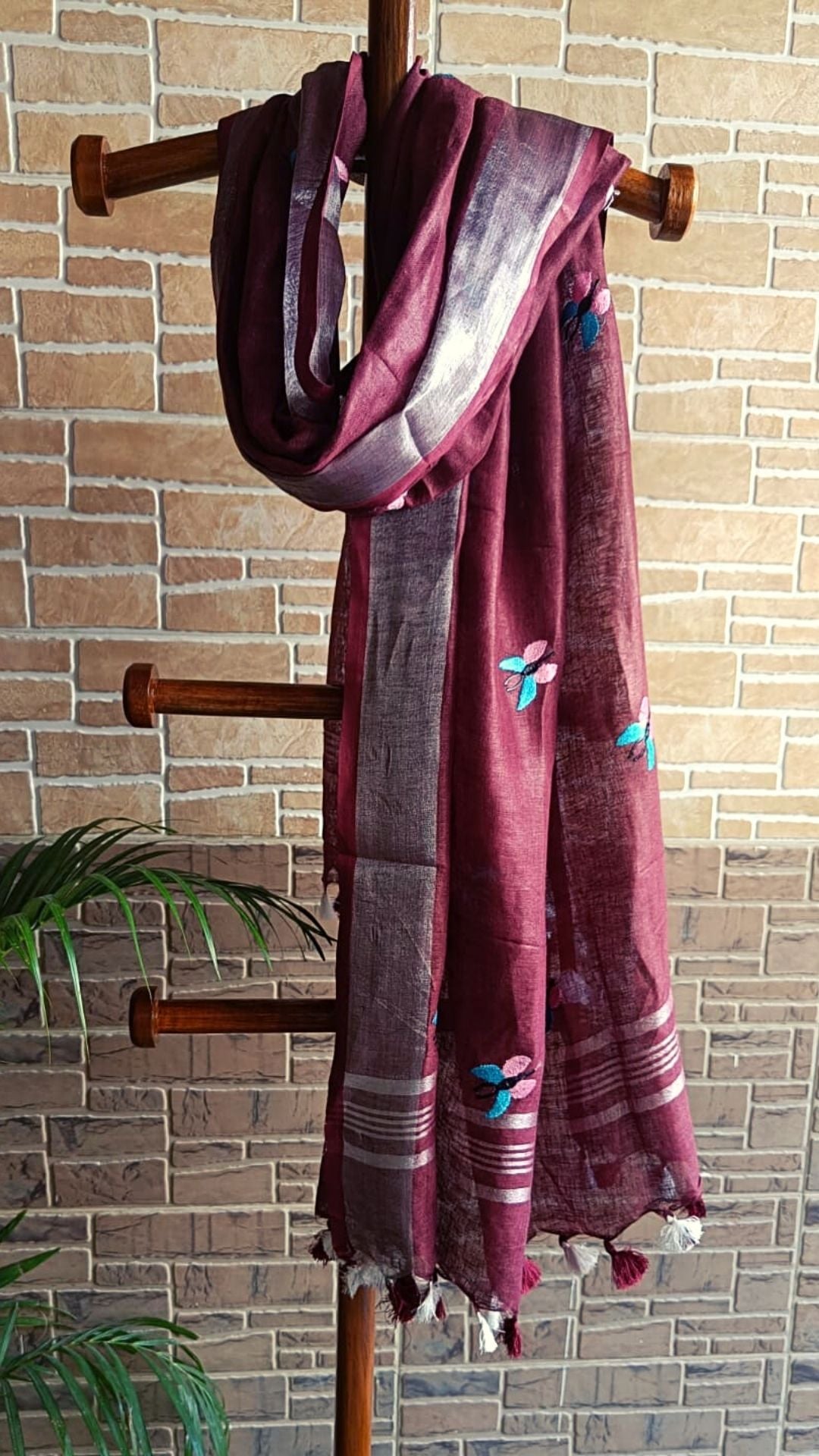 Pure Linen Dupatta Hand Embroidered Wine Red With Tassel