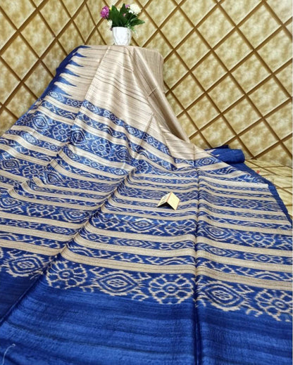 8079-Silkmark Certified Tussar Silk Handloom Handblock Printed Biege Saree with Blouse