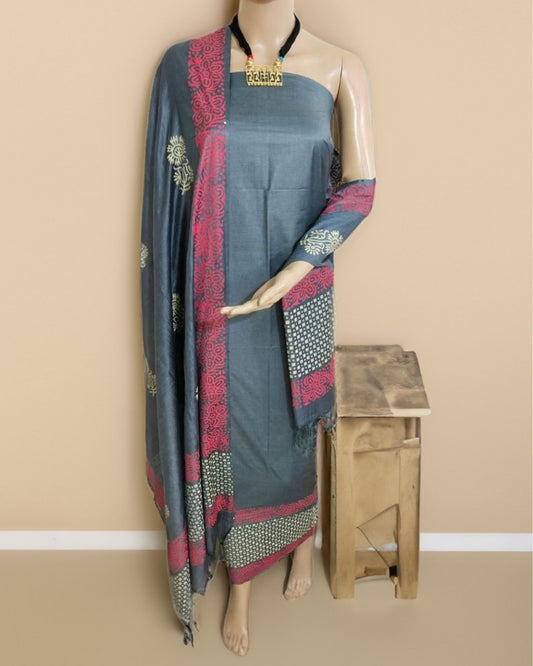 9397-Katan Silk Printed Suit Piece Grey Color with Bottom and Dupatta Handcrafted