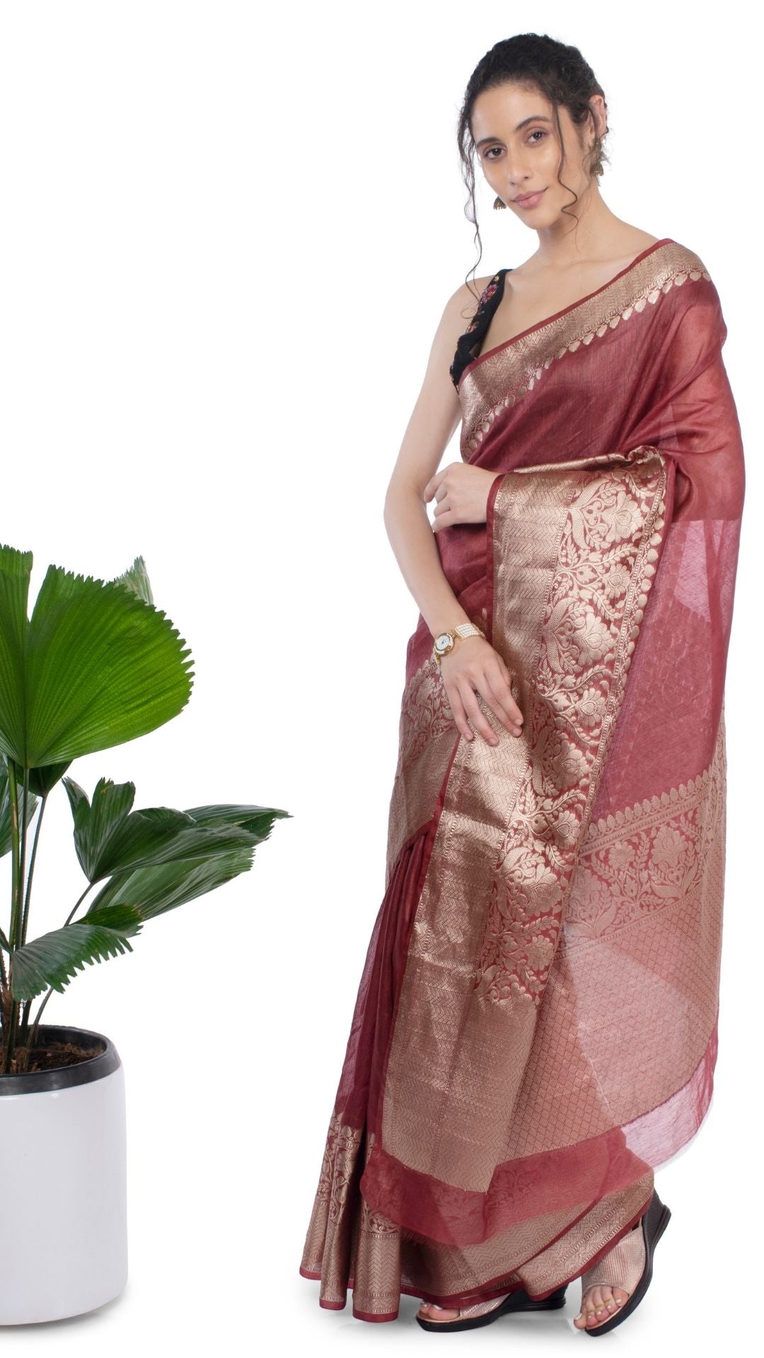 6206-Silk Linen Banrasi Brocade Weaving Handloom Maroon Saree with Blouse