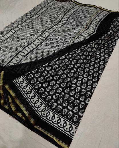 Serene Blockprint Chanderi Silk Saree Black & White