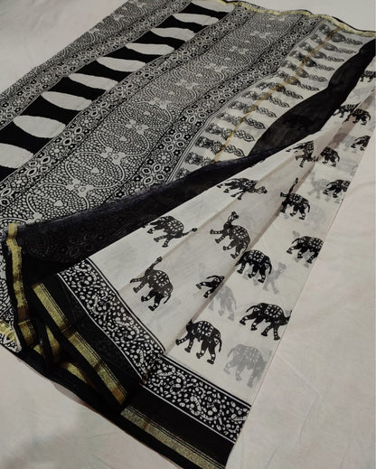 7558-Chanderi Masrise/Mercerised Cotton Silk saree Hand block Print Black and White Colour with running blouse