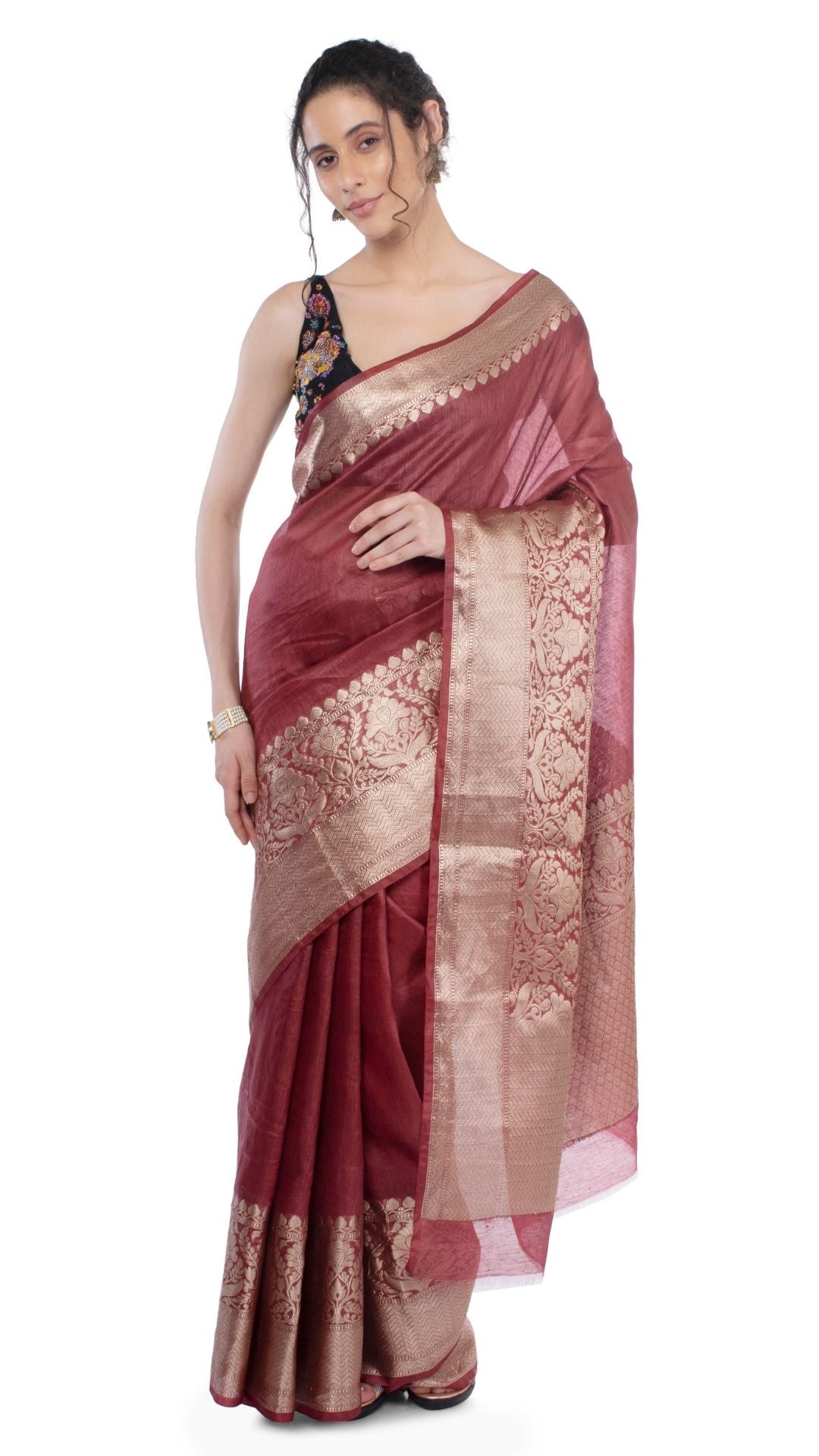 Harmonious Banarasi Silk Linen Maroon Handloom Saree