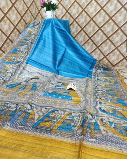 2809-Silkmark Certified Tussar Silk Handloom Handblock Printed Blue Saree with Blouse