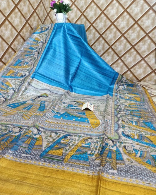 Silkmark Tussar Modern Madhubani Blue & Yellow Saree