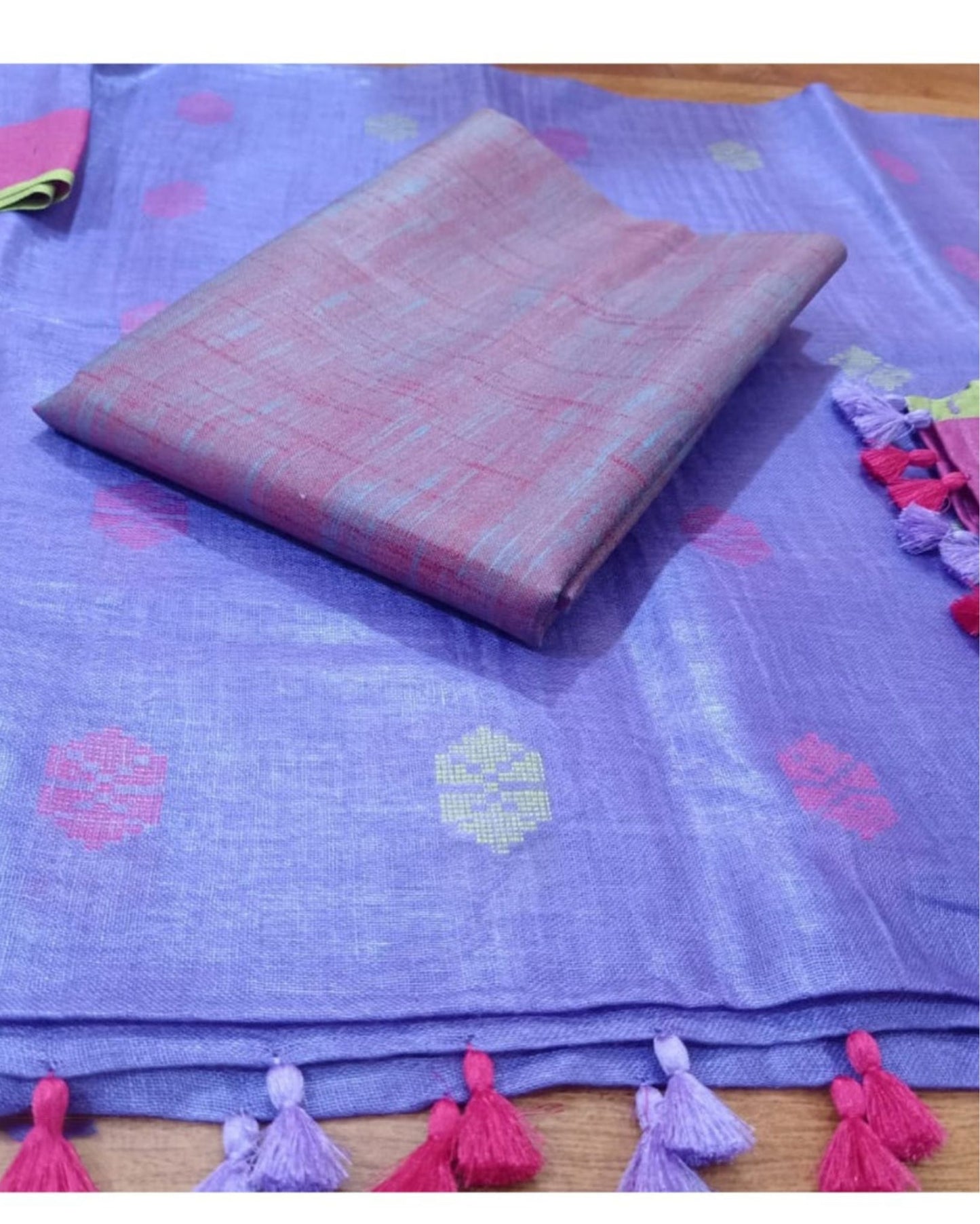 3069-Handwoven Pure Linen Purple Dupatta Set with Katan Fabric Purple Top