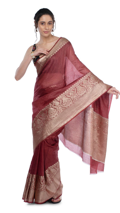 6206-Silk Linen Banrasi Brocade Weaving Handloom Maroon Saree with Blouse