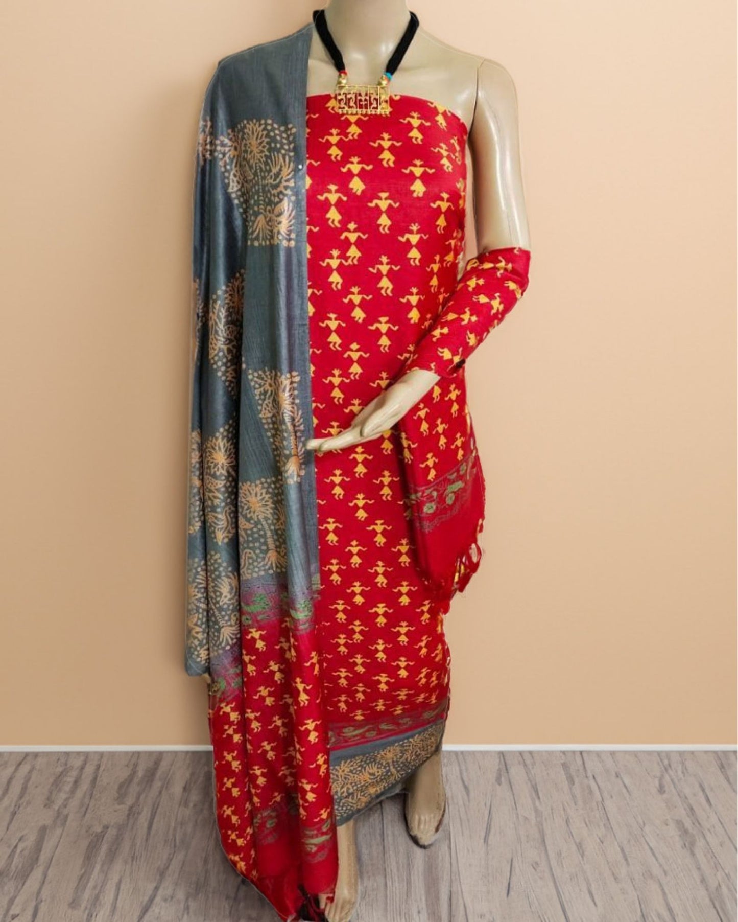 2055-Katan Silk Printed Suit Piece Dark Red Color with Bottom and Dupatta Handcrafted