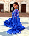 Pure Linen Handloom Saree Blue Color Hand Embroidered with Running Blouse-Indiehaat