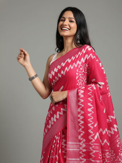 Blushing Slub Linen Wax Batik Hand Dyed Saree Pink