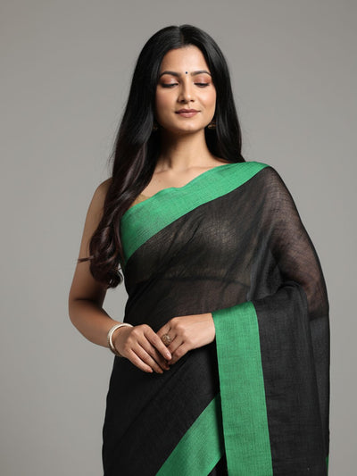 Whimsical Handwoven Pure Linen Black Saree
