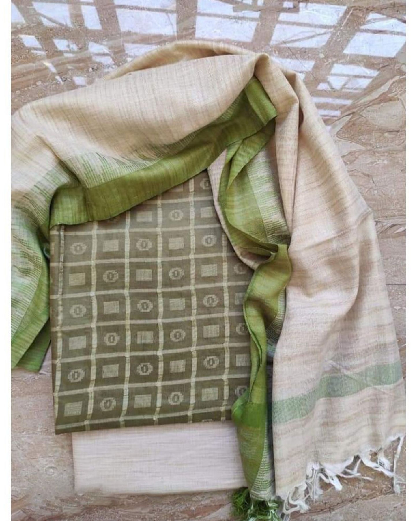 7172-Handcrafted Khadi Cotton Weaving Design Moss agreen Colour  Suit Piece with Bottom and Dupatta