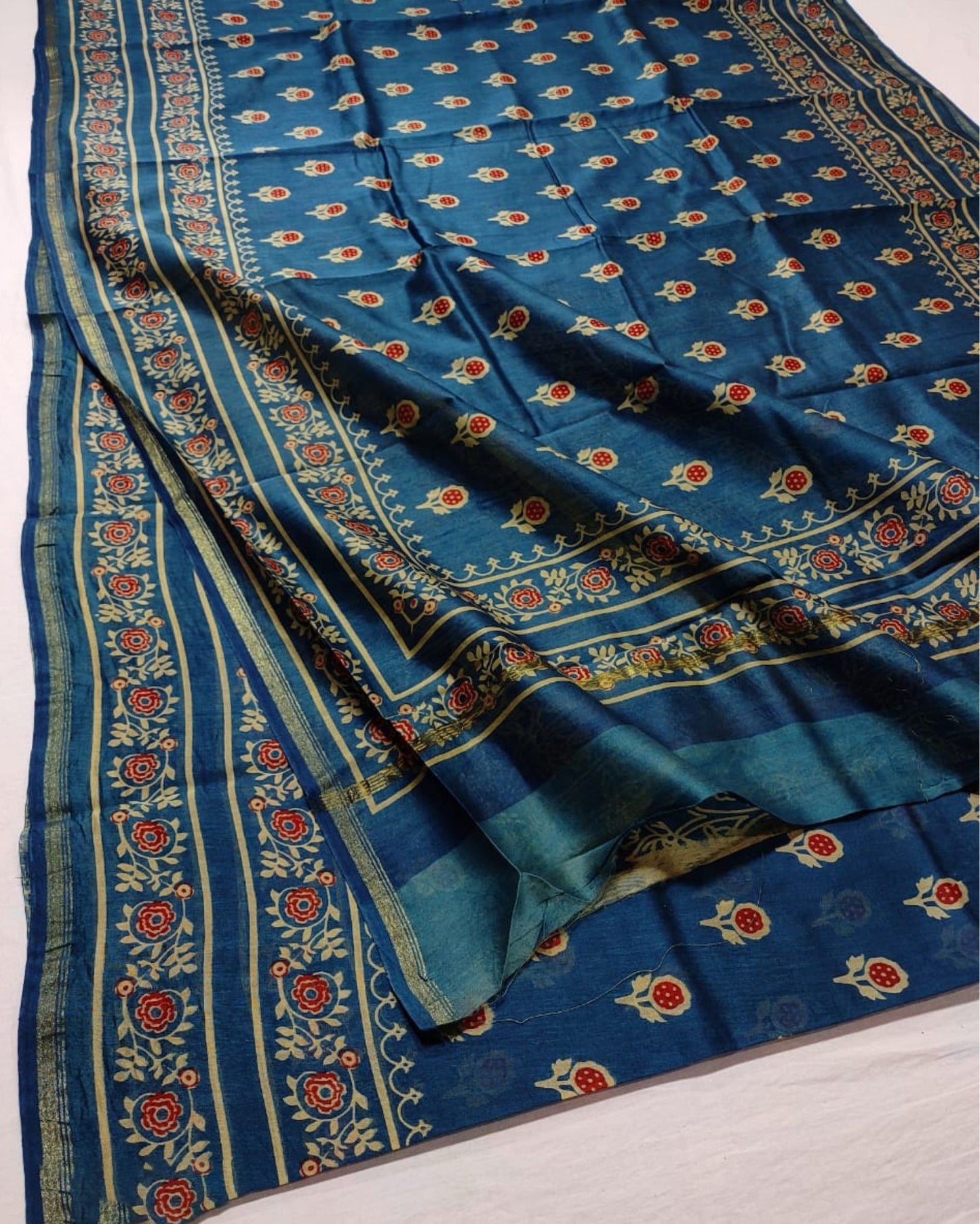 Ajrakh Printed Bahama Blue Chanderi Silk Saree
