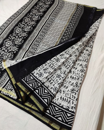 1555-Chanderi Masrise/Mercerised Cotton Silk saree Hand block Print Black and White Colour with running blouse