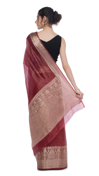 Harmonious Banarasi Silk Linen Maroon Handloom Saree