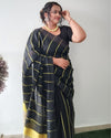 Pure Linen Saree Striped Design Arsenic Black Color with running blouse-Indiehaat