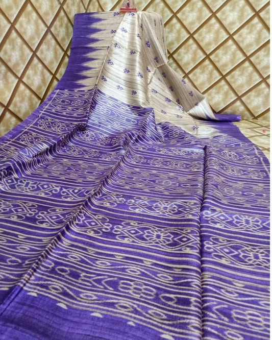 Silkmark Tussar Gorgeous Madhubani Biege & Blue Saree