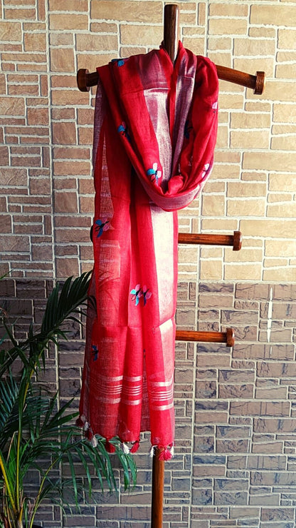 Pure Linen Dupatta Hand Embroidered Red With Tassel