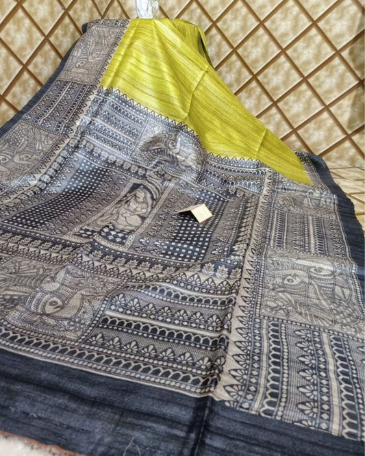 Silkmark Tussar Pastoral Madhubani Yellow & Black Saree