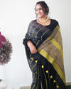 Pure Linen Saree Striped Design Arsenic Black Color with running blouse-Indiehaat