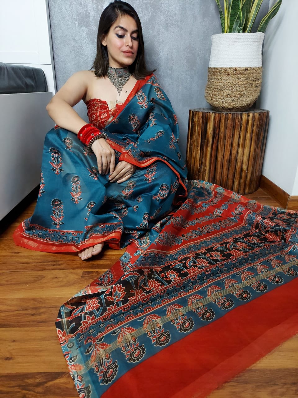 Ajrakh Printed Arapawa Blue Color Chanderi Silk Saree with Running Blouse-Indiehaat