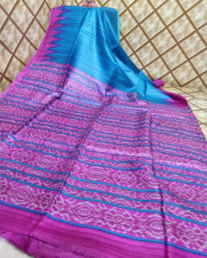 3858-Silkmark Certified Tussar Silk Handloom Handblock Printed Blue Saree with Blouse