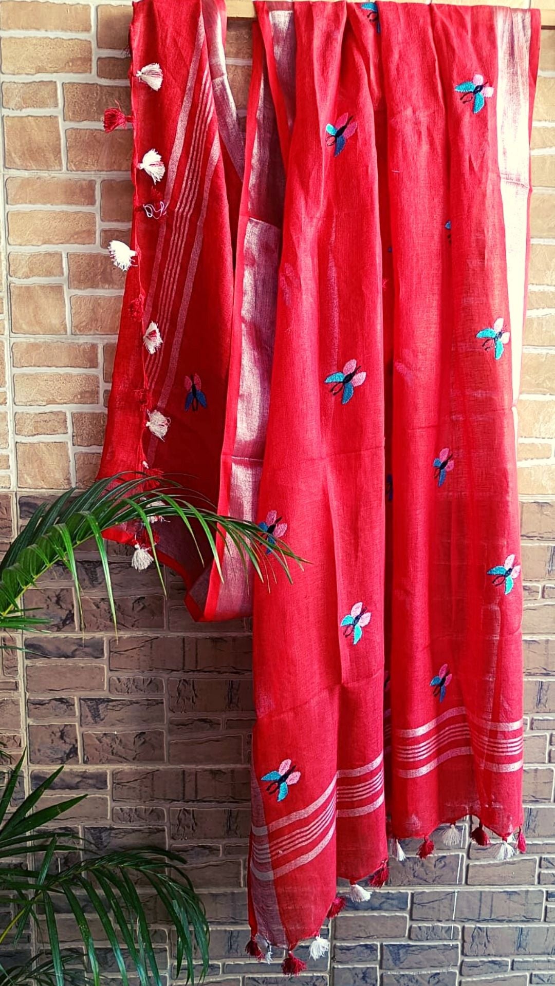 Pure Linen Dupatta Hand Embroidered Red With Tassel
