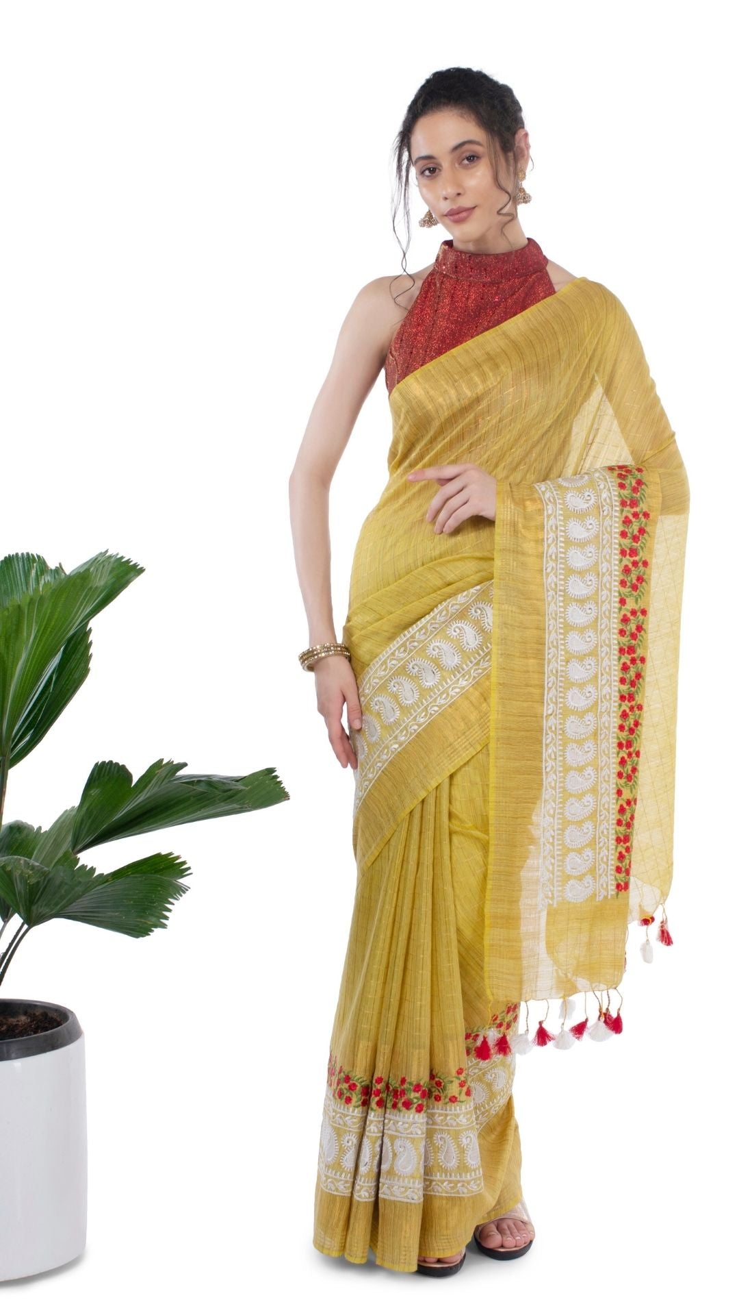 Embroidered Bansbara Tussar Silk Saree Yellow