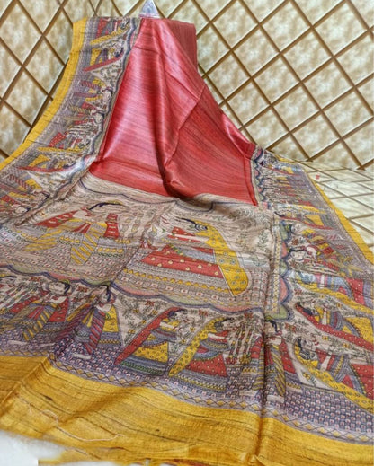 6359-Silkmark Certified Tussar Silk Handloom Handblock Printed Red Saree with Blouse