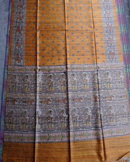 2146-Silkmark Certified Tussar Silk Handloom Handblock Printed  Orange Saree with Blouse