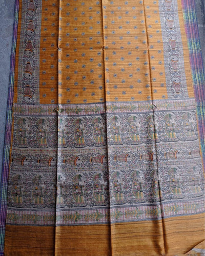 Silkmark Tussar Decorous Madhubani Yellow Saree