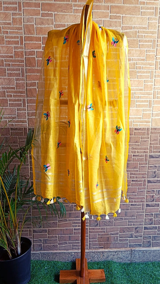Pure Linen Dupatta Hand Embroidered Yellow With Tassel