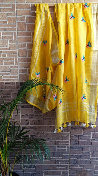 Pure Linen Dupatta Hand Embroidered Yellow With Tassel