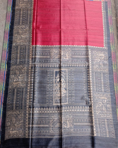 9260-Silkmark Certified Tussar Silk Handloom Handblock Printed Pink Saree with Blouse
