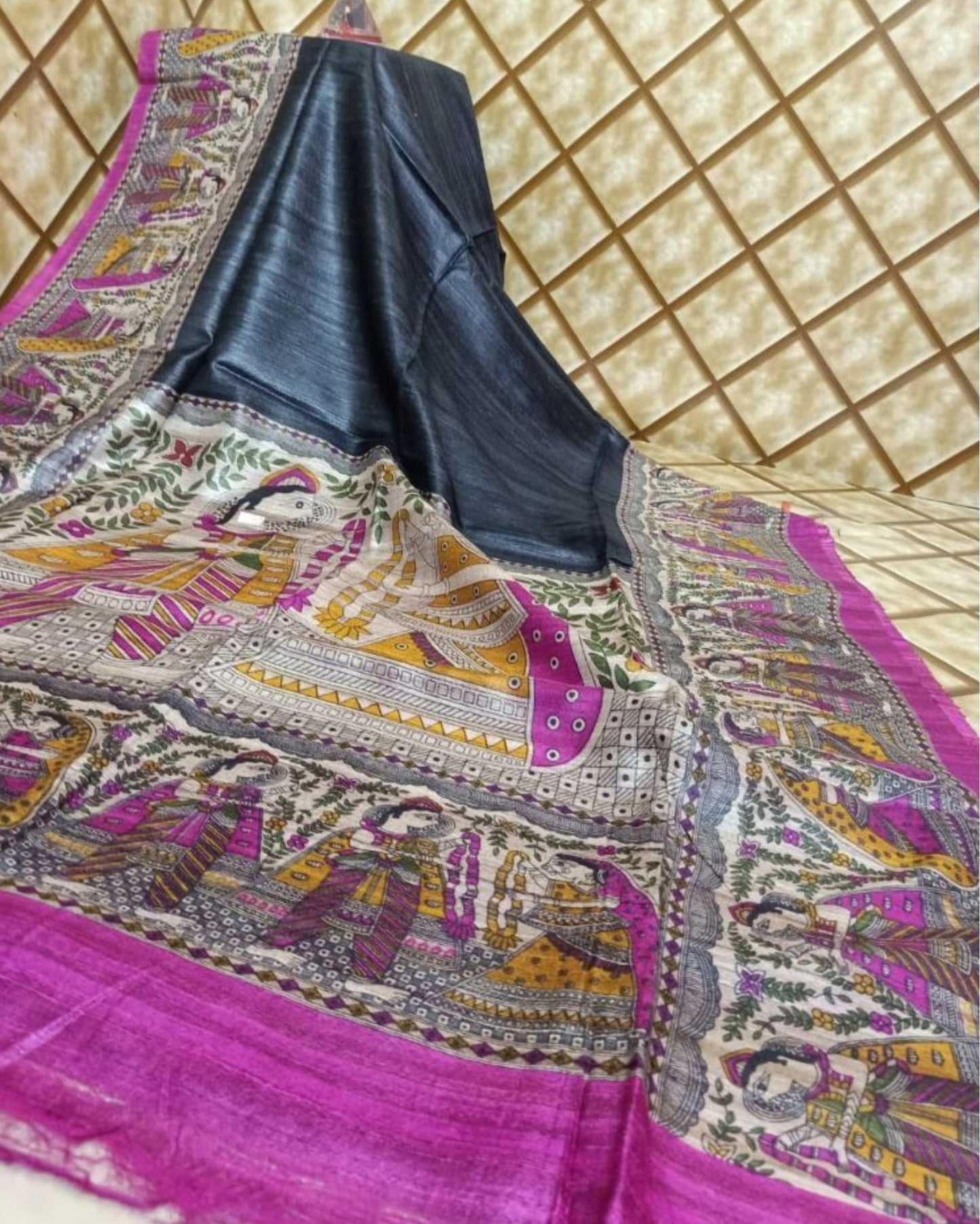 5671-Silkmark Certified Tussar Silk Handloom Handblock Printed Black Saree with Blouse