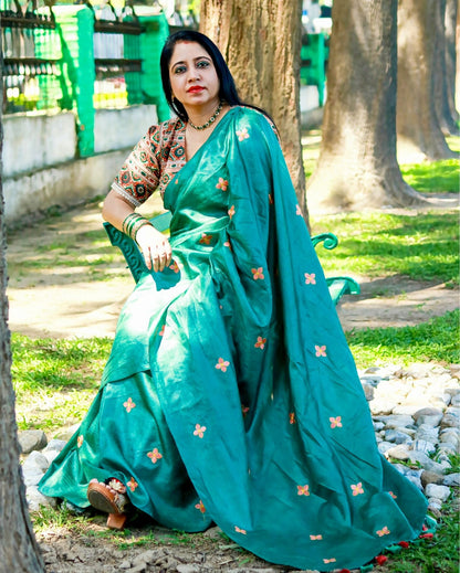 7915-Silkmark Certified Pure Tussar Silk Embroidered Green Saree with Embroidery Color Blouse (Tussar by Tussar)